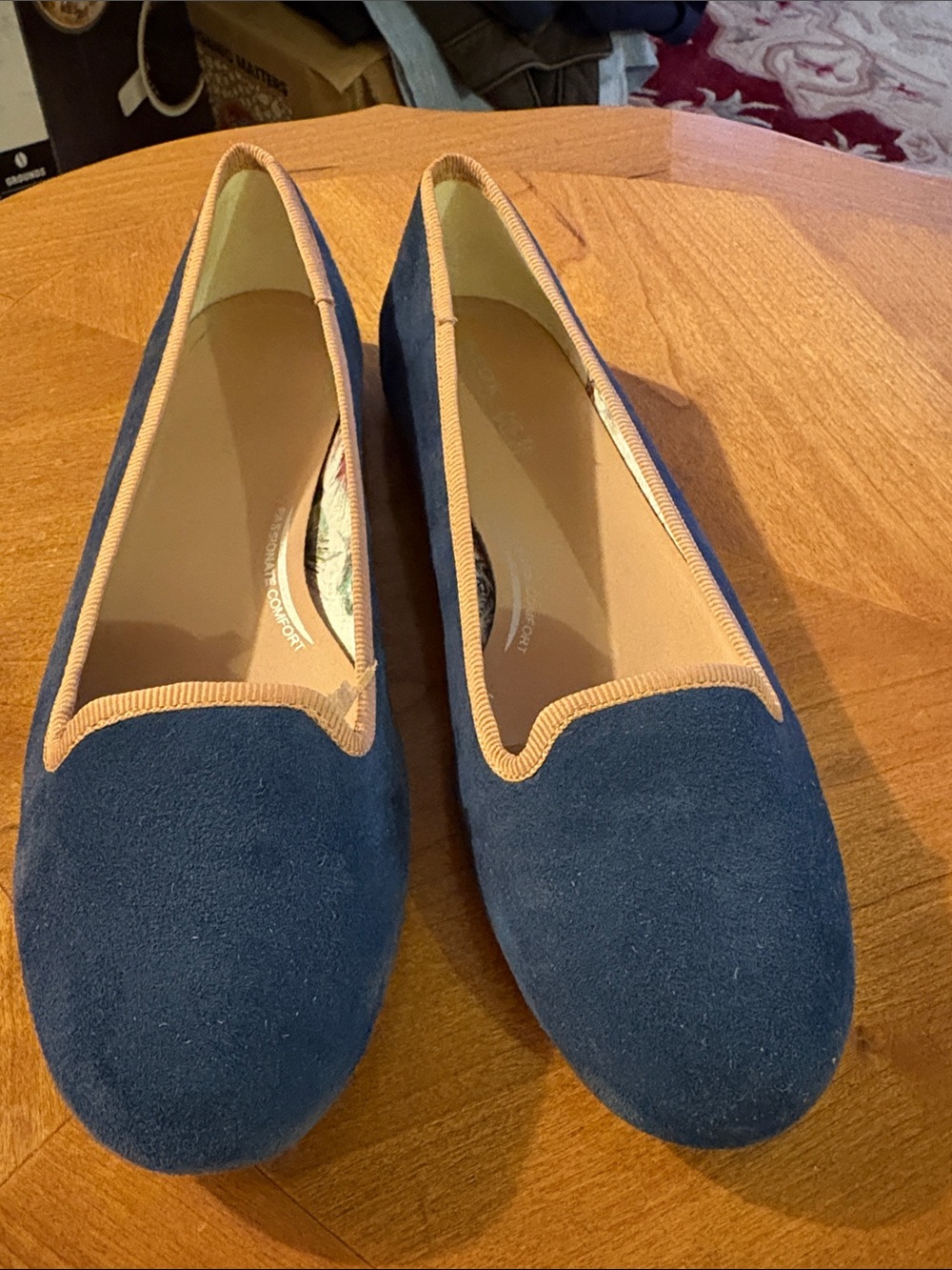 Geox Navy Suede Flats with Tan Trim Piping
